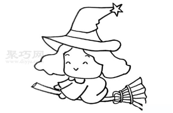 The drawing method of the little witch riding a broom is simple and beautiful