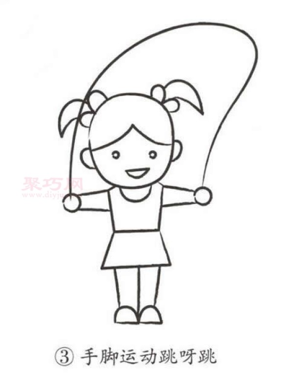 Tutorial on how to draw a little girl skipping rope. Simple drawing of a little girl learning to skip rope.