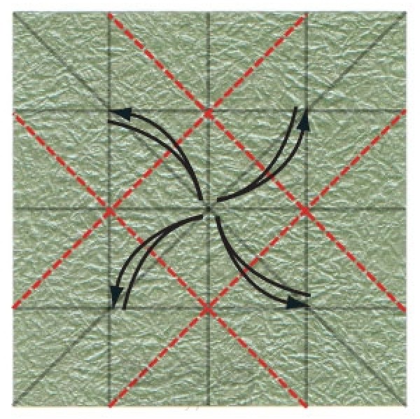 Illustration of steps to make three-dimensional four-leaf clover origami