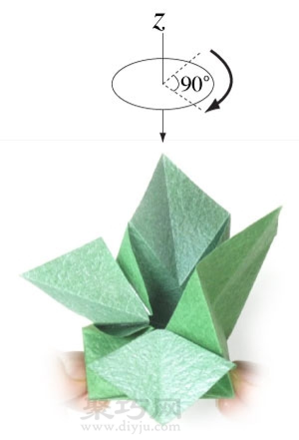 Illustration of steps to make three-dimensional four-leaf clover origami