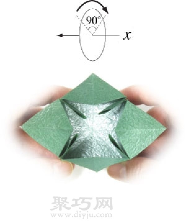 Illustration of steps to make three-dimensional four-leaf clover origami