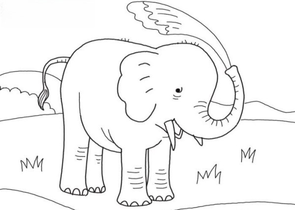 A simple drawing of an elephant using its trunk to suck water and take a bath