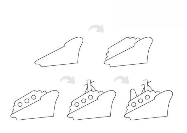 Steps and coloring of simple drawing of ship