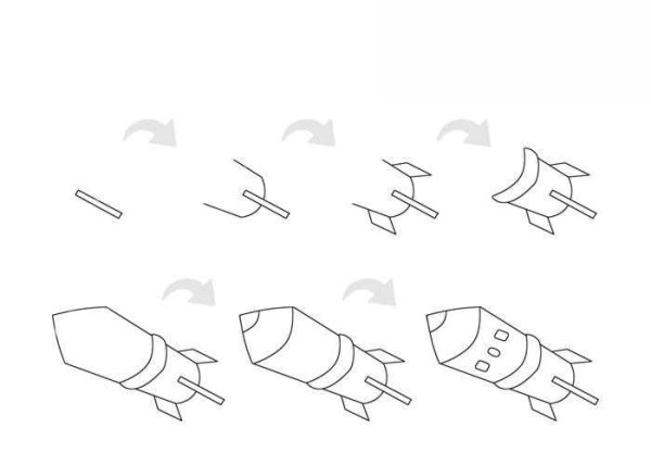 Steps and coloring tutorials for simple drawing of rocket