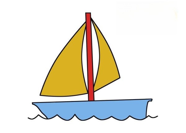 The steps for drawing a simple drawing of a sailboat including coloring