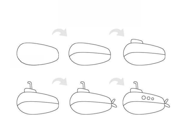 Simple drawing steps and coloring of submarine