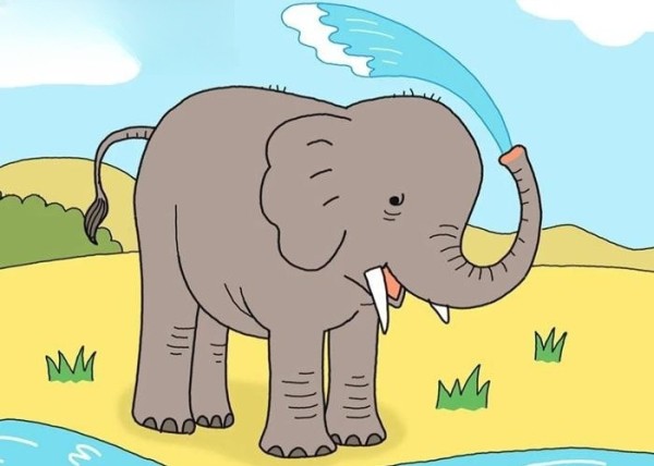 A simple drawing of an elephant using its trunk to suck water and take a bath