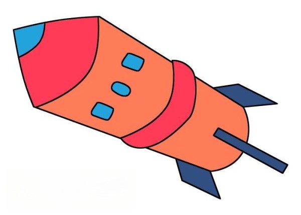 Steps and coloring tutorials for simple drawing of rocket