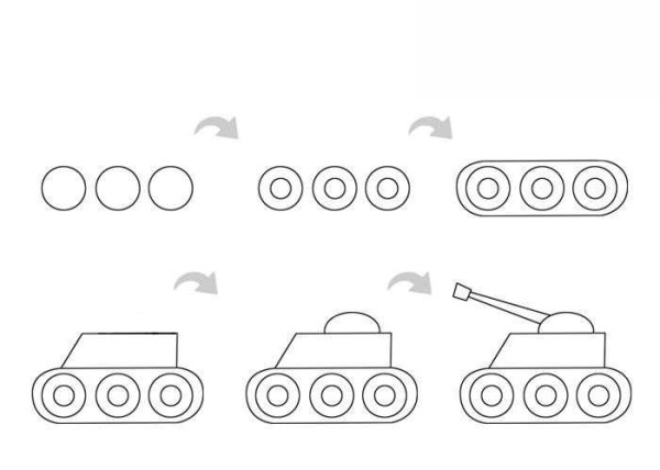 Step by step and coloring tutorial for simple drawing of a tank