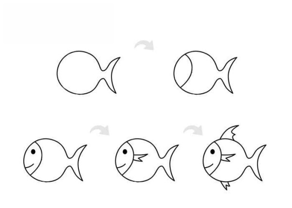 How to draw simple strokes of little fish with color step by step