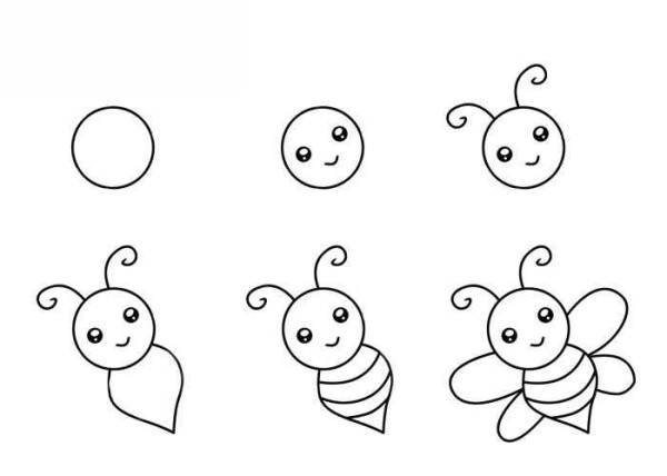 The steps and coloring pictures of the simple drawing of a little bee