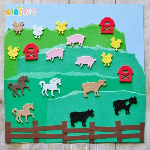 Children tear paper to make farm stickers