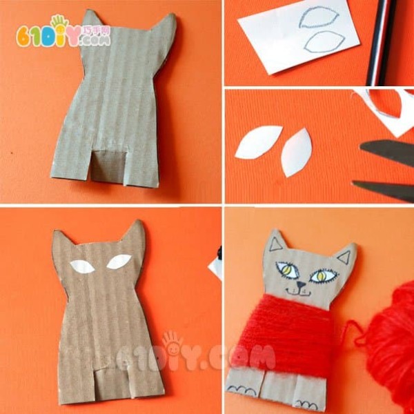 Small creative idea from waste cardboard and yarn, three-dimensional cute kitten