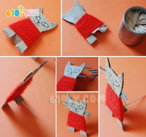 Small creative idea from waste cardboard and yarn, three-dimensional cute kitten