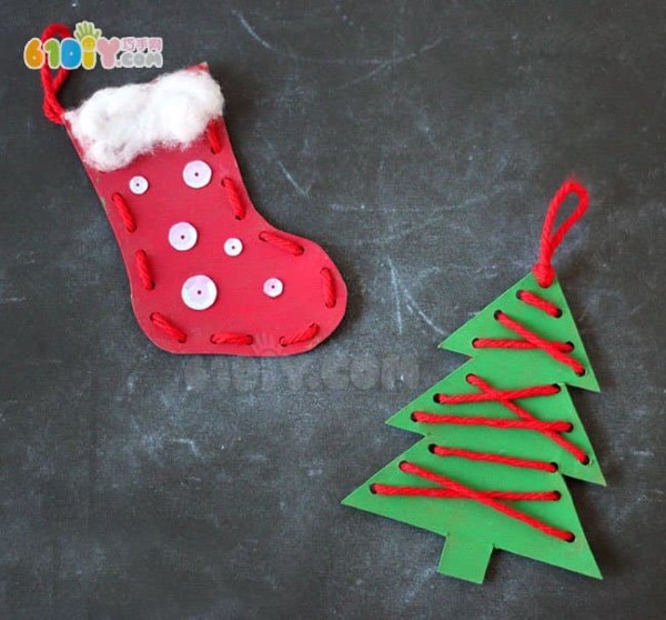 Christmas childrens handmade stringed Christmas stockings and Christmas tree