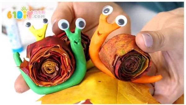 Childrens handmade leaf clay snails