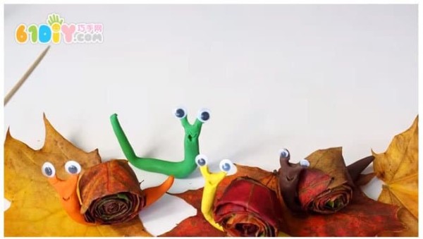 Childrens handmade leaf clay snails