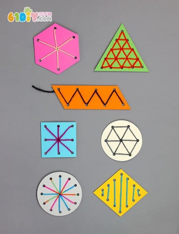 Childrens handmade geometric figure threading card