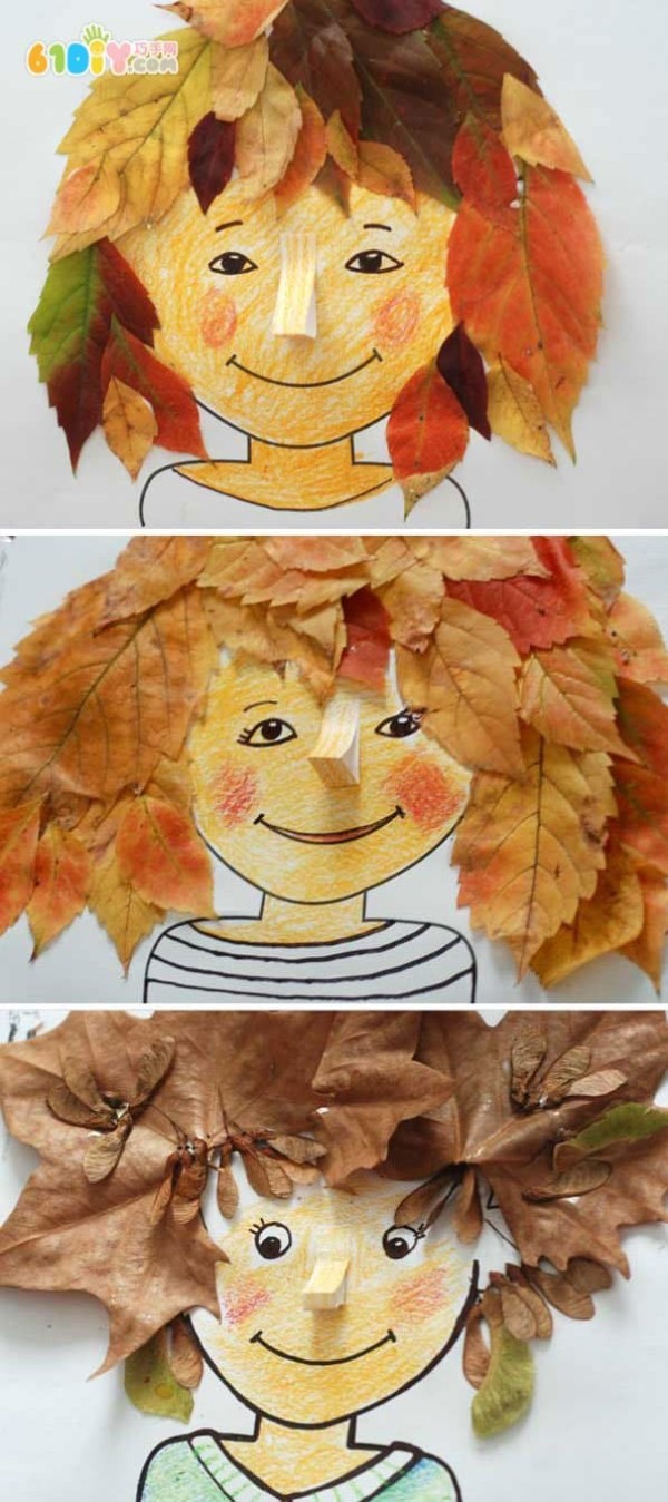 Creative handicrafts of leaves and hair of characters