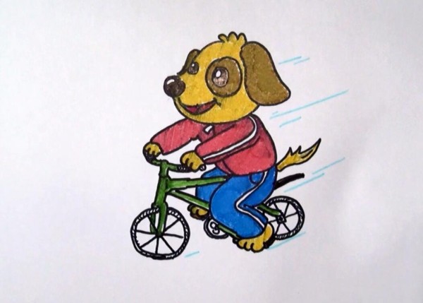 Simple drawing of a dog riding a bicycle