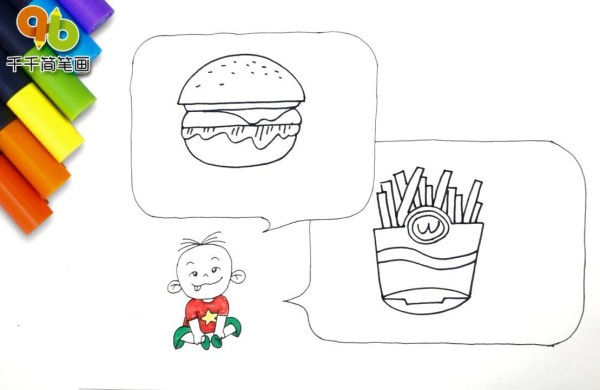 Simple drawing of French fries and burger