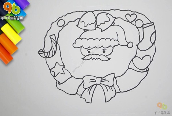 Simple drawing of Santa Clauss colorful wreath