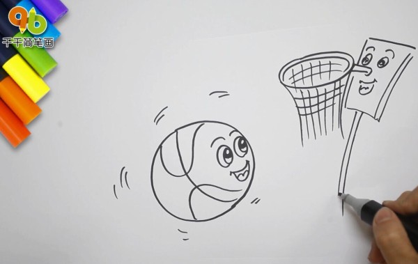 Simple drawing of smiling basketball and basket