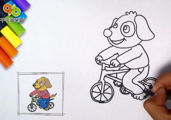 Simple drawing of a dog riding a bicycle