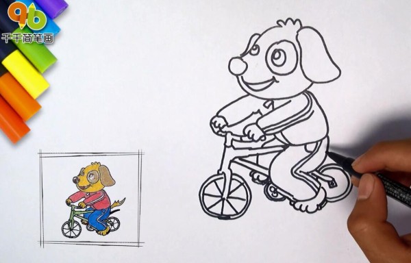 Simple drawing of a dog riding a bicycle