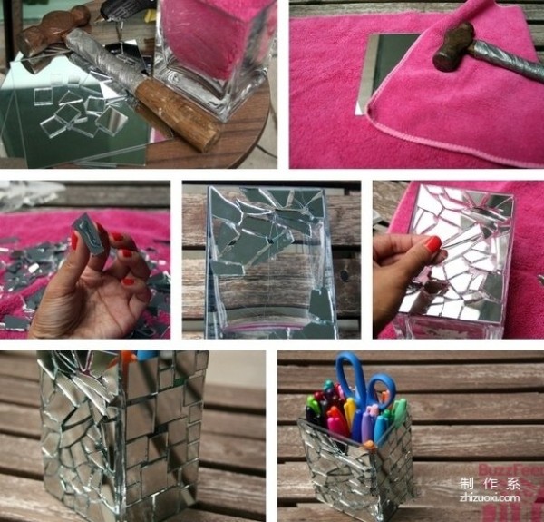 DIY illustration of hand-made colorful and creative pen holder from broken glass