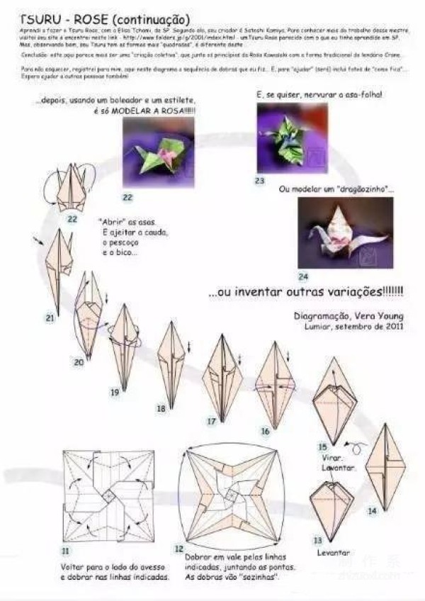 Illustration of folding method of rose paper crane