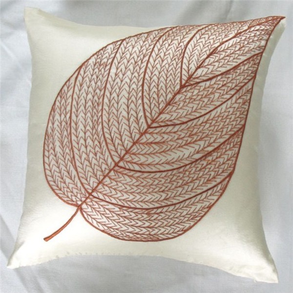 Hand embroidered DIY off-white pillow covered with brown leaf embroidered satin