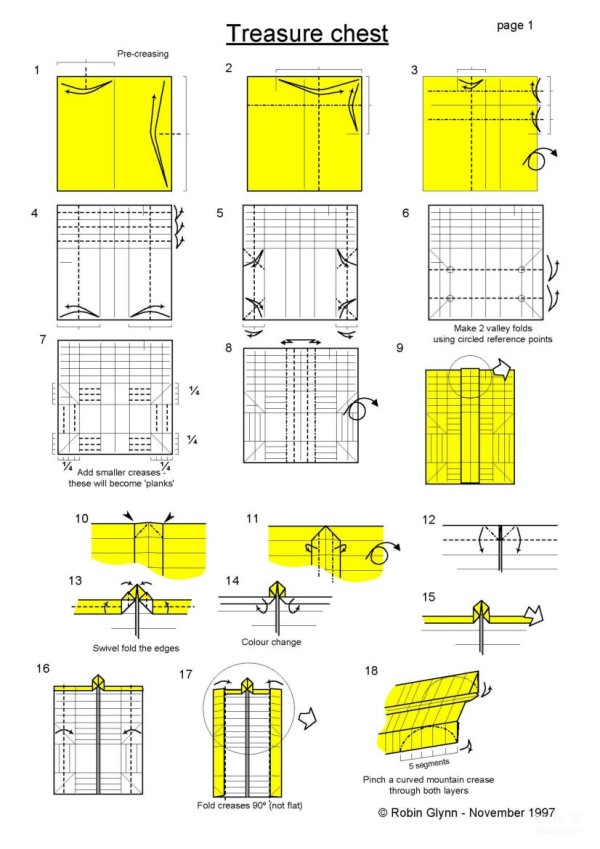 Paper art handmade origami art, Robin Glynn square covered one-piece treasure chest handmade origami drawing tutorial