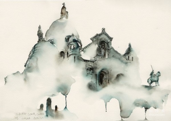 Korean female illustrator Sunga Park’s dripping architectural watercolor works