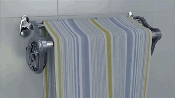 WHOOSH towel rack with fan keeps towels away from odors