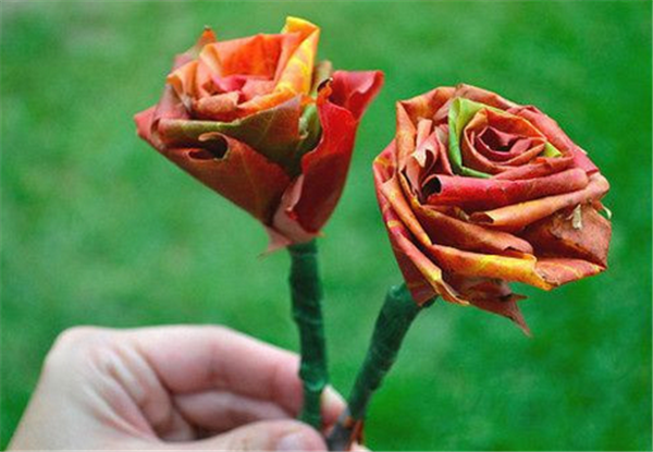 Beautiful roses made from autumn maple leaves in a handmade DIY shop