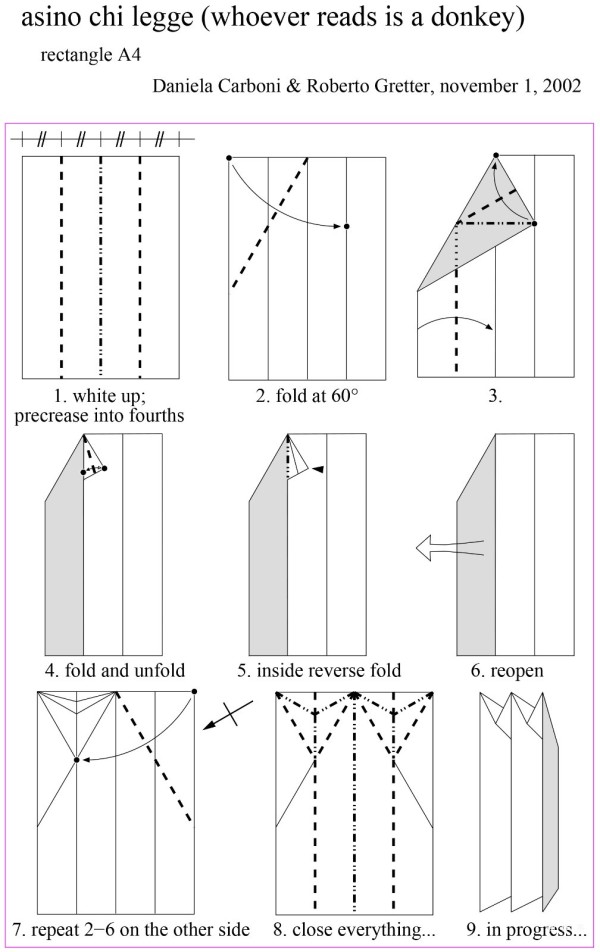 Paper art handmade origami art, Daniela Carboni & Roberto Gretters handmade origami drawing tutorial of a donkey reading a newspaper