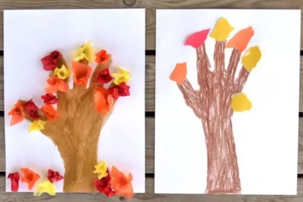 Kindergarten Autumn Crafts Steps to Make a Big Tree Using Handprints