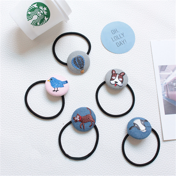 Very Korean style embroidered cute cat and animal button hair rope