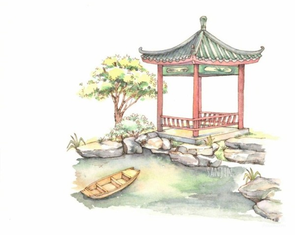 Chinese style pavilion architectural watercolor painting pictures