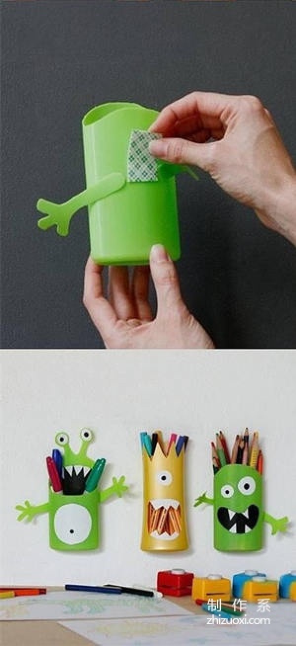 Handmade tutorial on transforming useless plastic bottles into monster cute pen holders