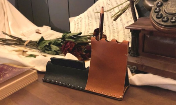 Make a leather table to place pens/business cards