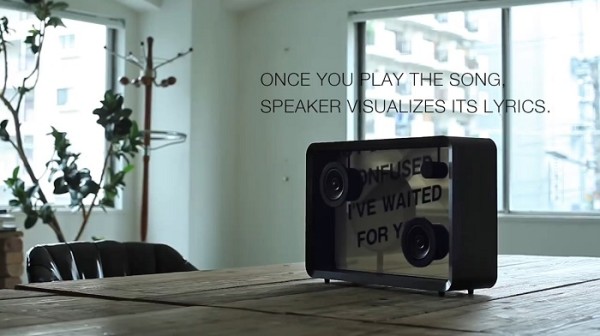 Transparent speaker showing lyrics