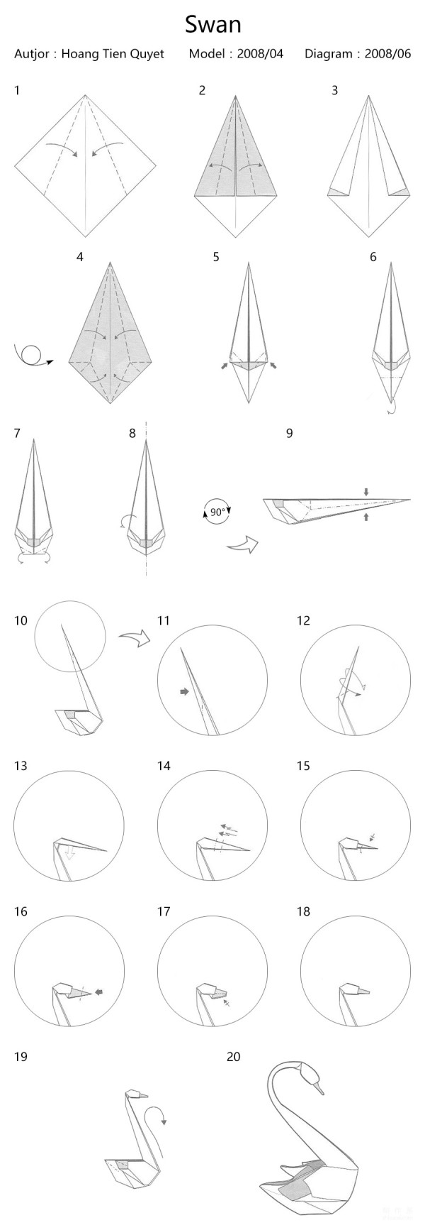 Bird origami, simple swan origami method illustrated tutorial