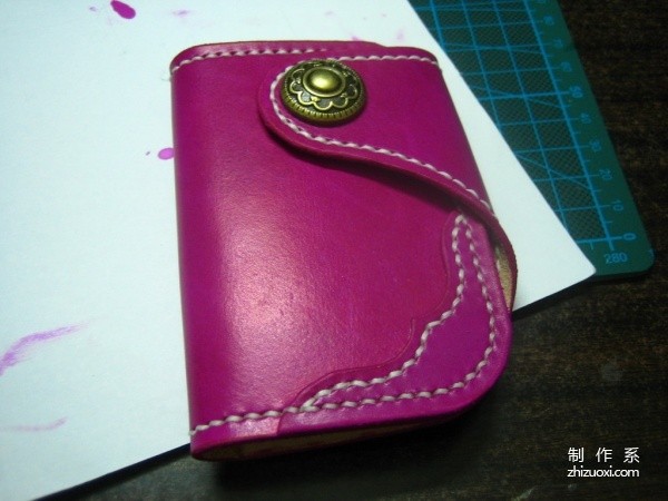 Leather art leather hand-making tutorial, pink red moon leather card holder hand-making tutorial