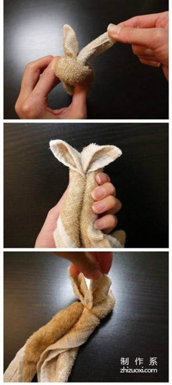 Simply find a piece of terry cloth and knit it, and you can easily transform into a cute little bunny.