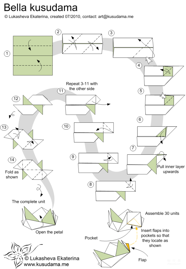 Paper art hand-made origami art, Lukasheva Ekaterina combined origami plug-in Bella flower ball hand-made origami drawing tutorial