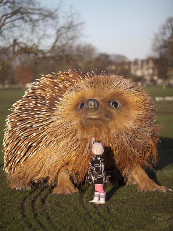 Realistic hedgehog sculpture in Londons Cliven Park