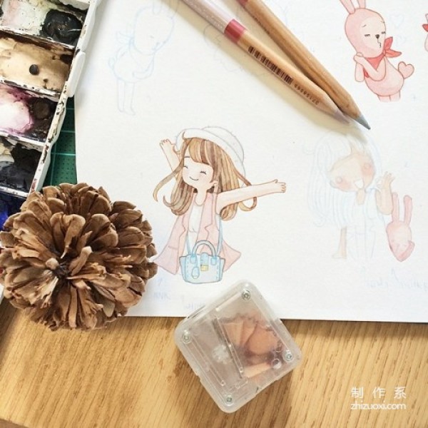 A set of hand-drawn illustrations of soft girls with warm tones and cute colors, please like me