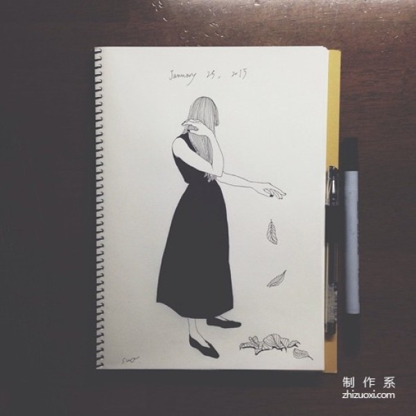 Black and white hand-painted female illustration design picture, with a bit of sad feeling